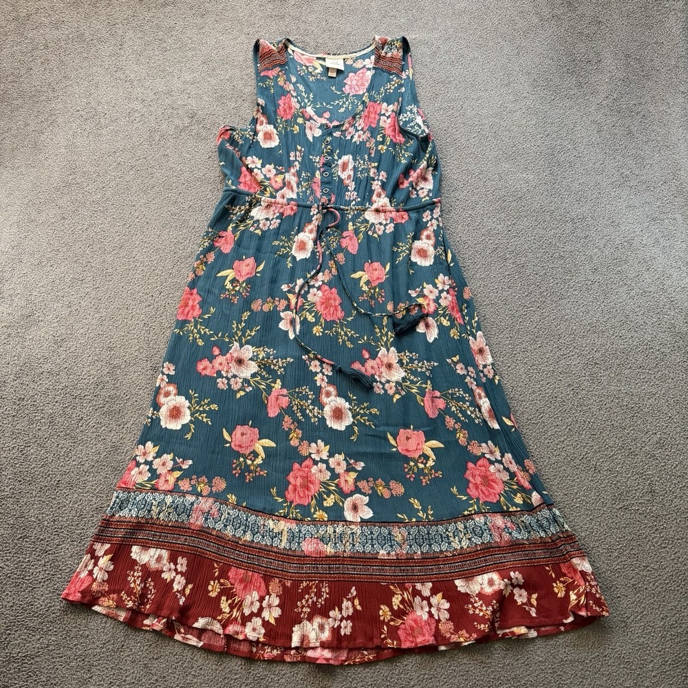 Knox Rose Teal Floral Midi Maxi Dress Sleeveless Boho Cottage Peasant Women's XL - Picture 2 of 12